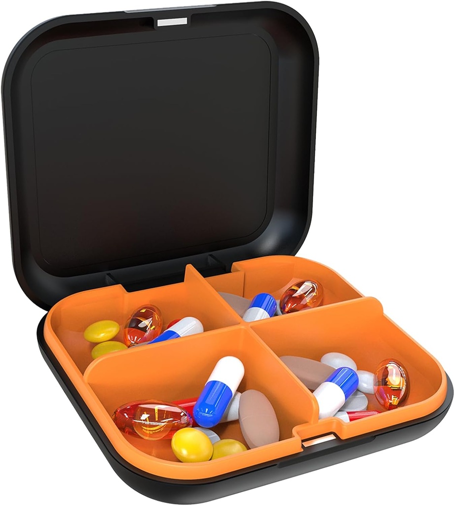 Caja de Pill Portable Pill Dispensing Box, Caja de Píldora Portable de Viaje, Organizador de Píldora Portable de 4 Compartamentos, Adecuado para Vitaminas, Medicinas, Aceite de Pesca (Black+Orange)