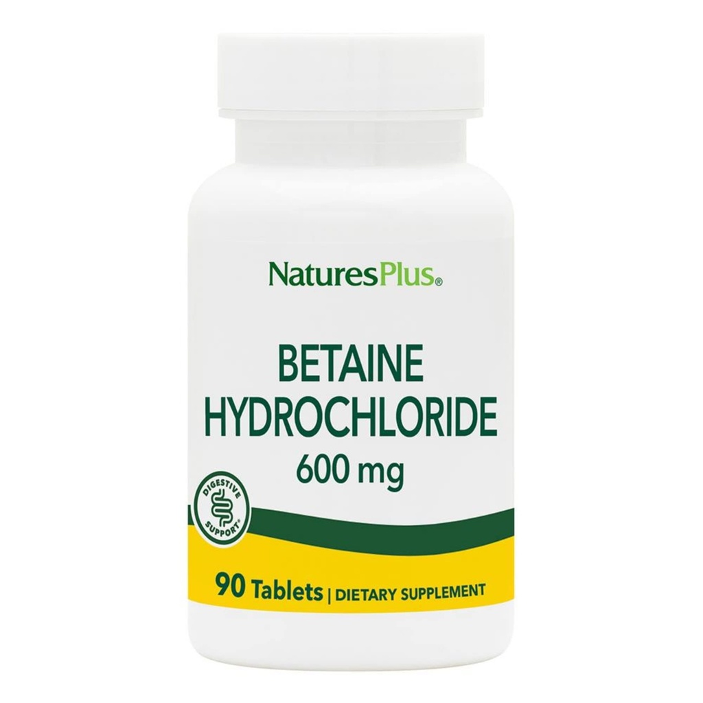 NaturesPlus Betaine HCl (Hydrochloride) - 600 mg, 90 Tablets - Suplemento de Apoyo Digestivo, Alivia los síntomas de la indigestión de acidez ocasional - hipoalergénico, libre de gluten - 90 Servimientos