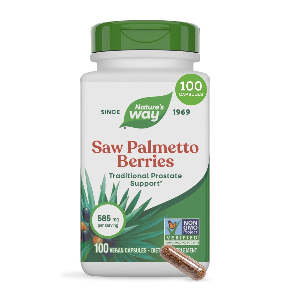 Nature's Way Saw Palmetto Berries, Traditional Prostate Support*, 585 mg por por porción, Non-GMO Project Verified, Vegan, 100 Capsules (Packaging May Vary)