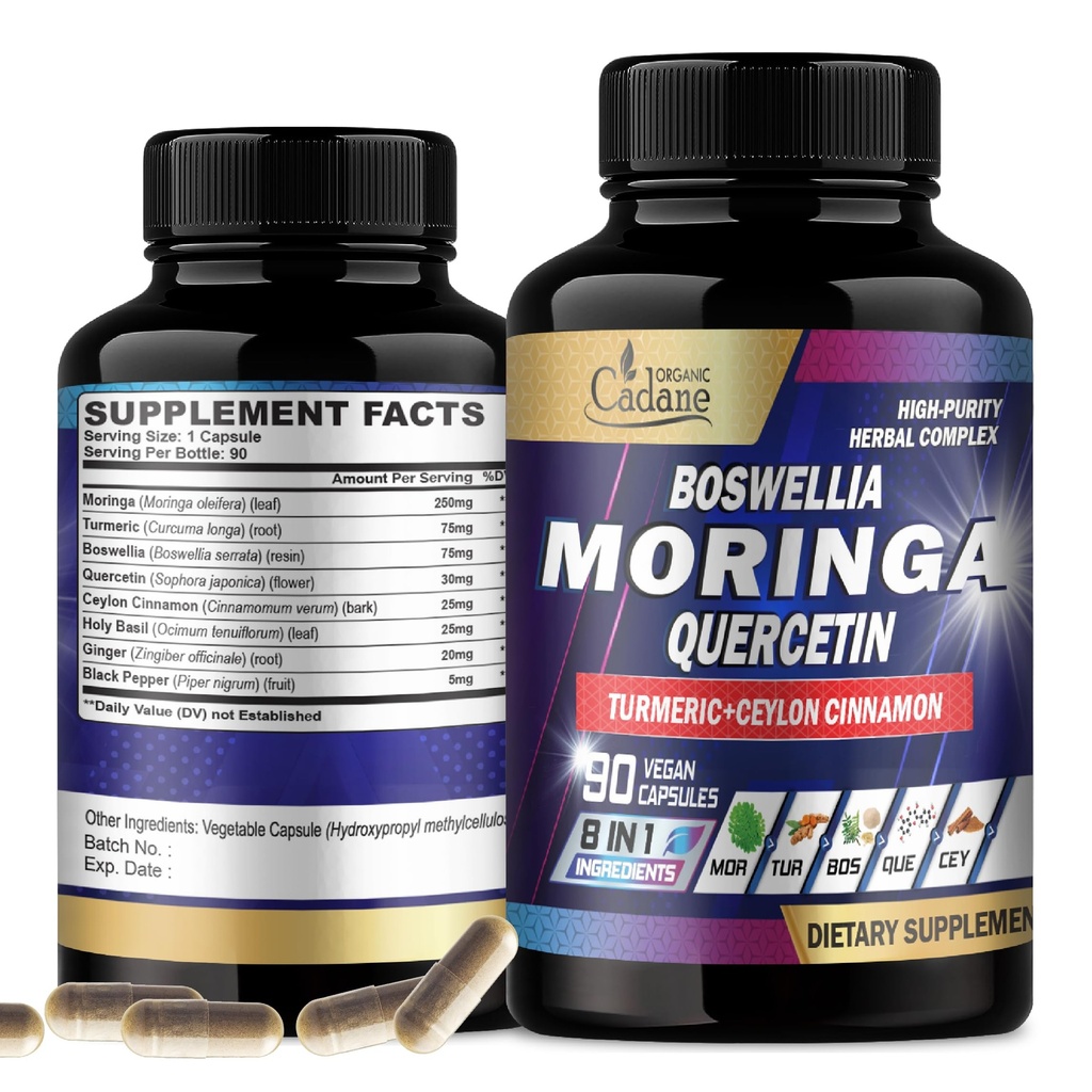 Orgánica Cadane Moringa Hoja con Turmérica, Boswellia, Quercetina, Ceilán, Basilio Santo, Ginger y Pepper Negro - 8in1 Suplementos - 90 cápsulas de verduras para 3 meses de suministro
