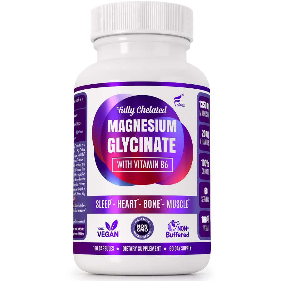 Magnesium Glycinate with Vitamin B6 Research Proveed to Enhance Absorption, 1350mg Fully Chelated - Supports Sleep, Stress Relief, Energy, Muscle Cramps - Gluten Free, NonGMO, 180 Vegan Capsules