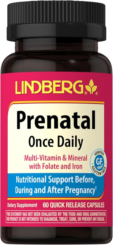 Vitaminas Prenatales de Lindberg para Mujeres 60 Capsules peru Multivitamínicos y Minerales con Hierro y Ácido Fólico TENIDO Suplemento diario ANTE No GMO, Gluten Free