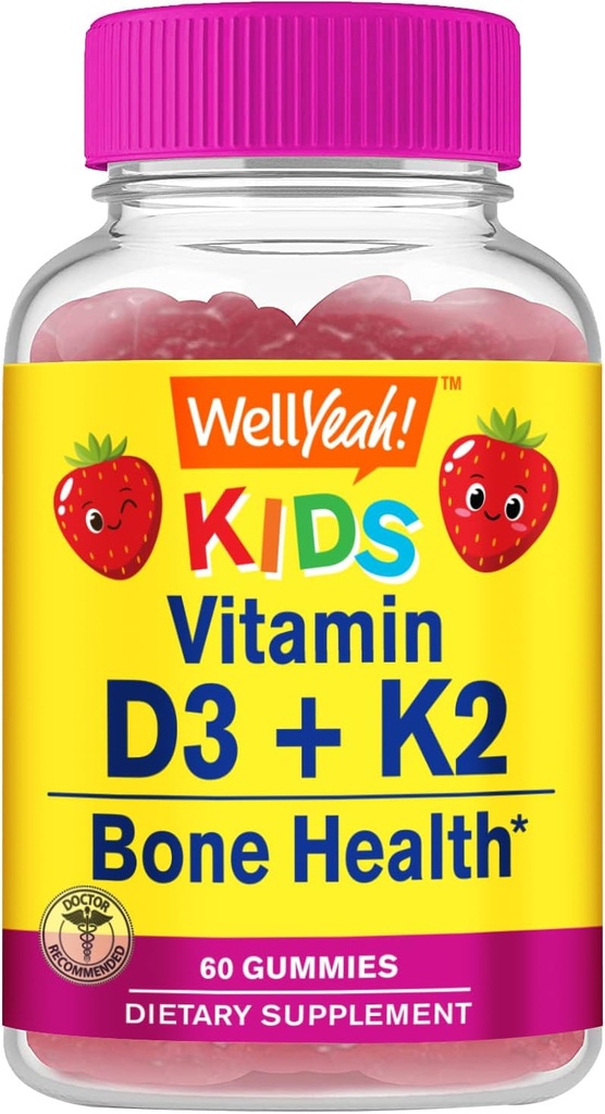 WellSí Vitamina D3 + K2 para Gummies Infantiles - Vitamina D3 1000 UI, K2 100 MCG - Soporte para la salud ósea y muscular, sabores naturales, GMO Gratis, Gluten Gratis, Vegan - K2 D3 Suplemento vitamina- 60 Gummies