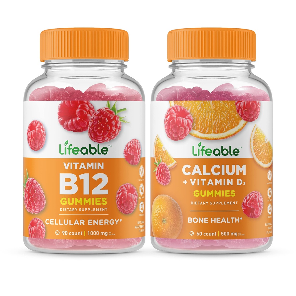 Vitamina B12 + Calcio con Vitamina D, Gummies Bundle - Gran Tasting, Suplemento de Vitamina, Gluten Gratis, GMO Gratis, Chewable