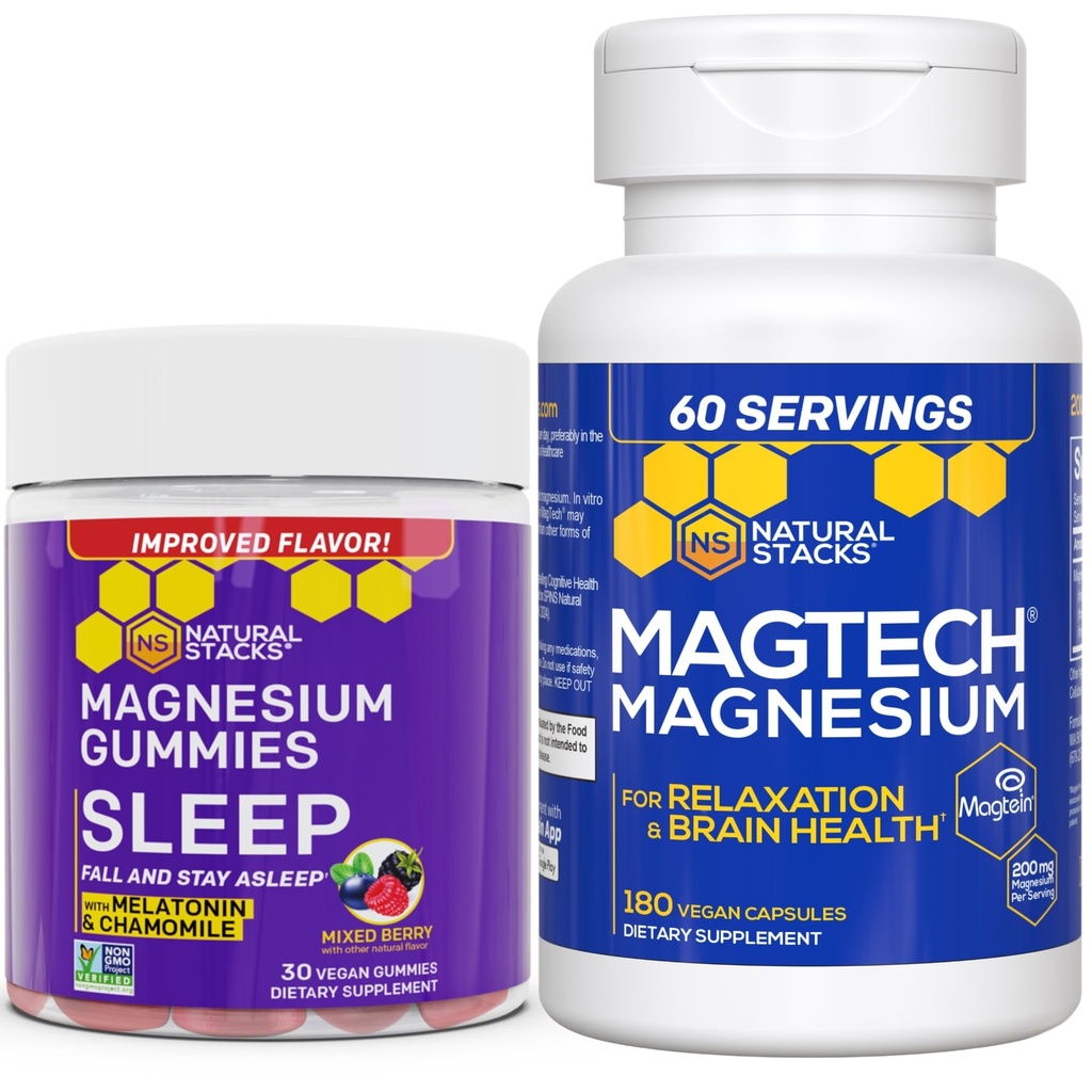 Natural Stacks Magtech Magnesium + Sleep Magnesium Citrate Gummies Bundle - 4 Formas de Magnesio - Apoyos Relajación y Salud Cerebro* - 210 piezas