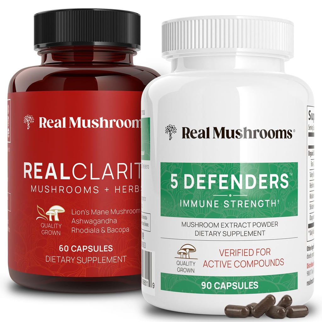 Real Mushrooms RealClarity (60ct) and 5 Defenders (90ct) Capsules Bundle - Mushroom Supplement for Mental Clarity, Focus &amp; Immune Strength - Vegan, Non-GMO, Verified Levels of Beta-Glucans