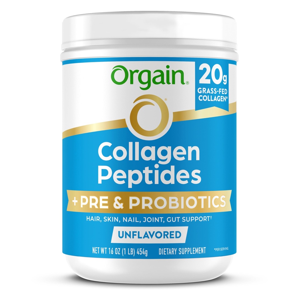 Péptidos de colágeno hidrolizado de orgaina + Prebiótico &amp; Probióticos Polvo para Hombres de Mujer, 20g Colágeno de Grasa, 1 billón CFU - Soporta Digestivo, Cabello, Esquí &amp; Salud Conjunta, No OGM, Tipo I &amp; III, 1lb