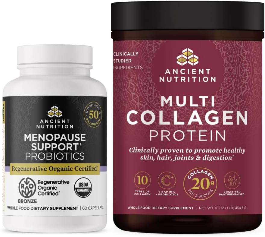 Ancient Nutrition Regenerative Organic Certified Probiotics for Menopause, 60 Count + Multi Collagen Protein Powder Unflavored, 45 Servings