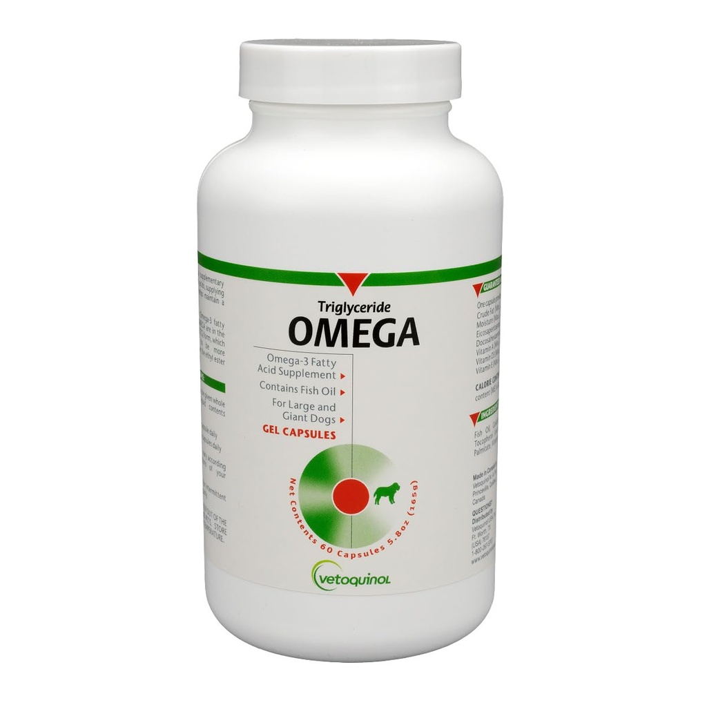Vetoquinol Triglyceride Omega 3 Suplemento para perros grandes, Dog Fish Oil Suplemento con EPA y DHA, promueve la piel, la carne, la articulación y la salud inmunitaria, Omega 3 Fish Oil for Dogs 60lbs o más, 60ct