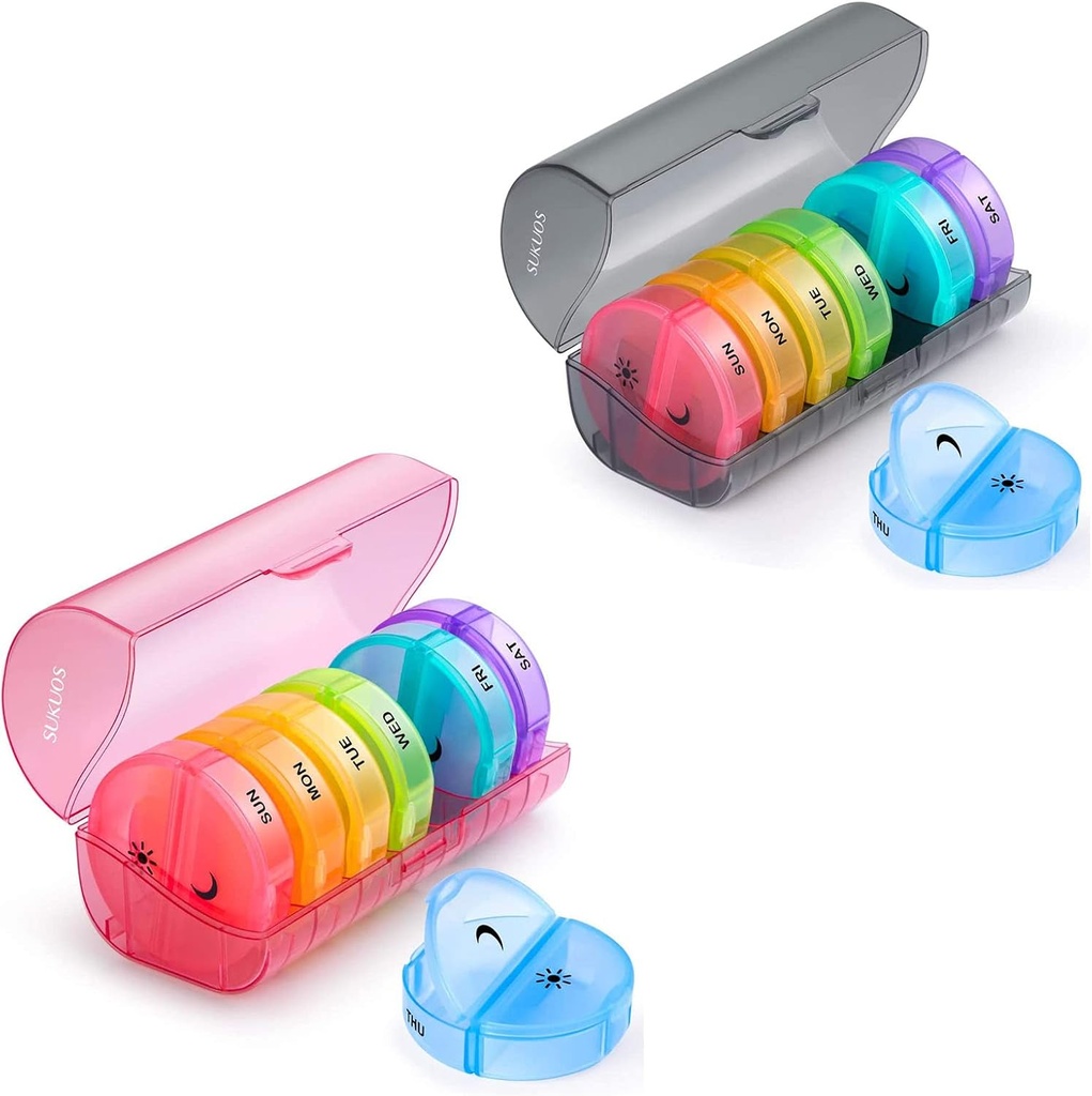 2 Pack organizador semanal de píldoras 7 días 2 veces al día, Sukuos Grandes cajas de píldoras diarias para píldoras/Vitamin/Fish Oil/Supplements, BPA caja de píldoras gratuitas, fácil de limpiar