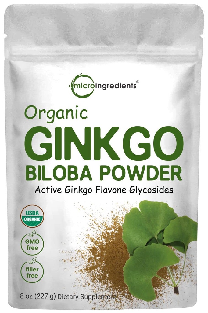 Micro Ingredientes Ginkgo biológico bruto Biloba Powder, 8 onzas (18 meses de suministro), Filler Free, apoya la función cerebral y la alerta mental, sin transgénicos y amigo vegano
