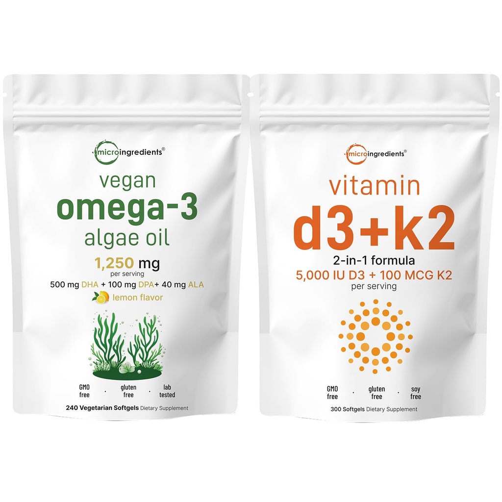 Micro Ingredientes Vitamina D3 5,000iu + K2 100mcg Softgels & Vegan Omega 3 Algae Oil Supplement Bundle 2 Pack ← Esencial Sunshine Vitaminas  Omega-3 Full Spectrum Alternative to Fish Oil