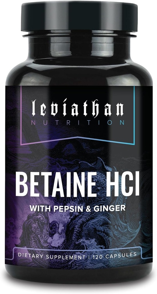 Leviathan Betaine HCl con Pepsin & Ginger - Enzymes Digestivos Suplemento para la ayuda de la digestión " Apoyo, ácido estomacal " Absorción de nutrientes