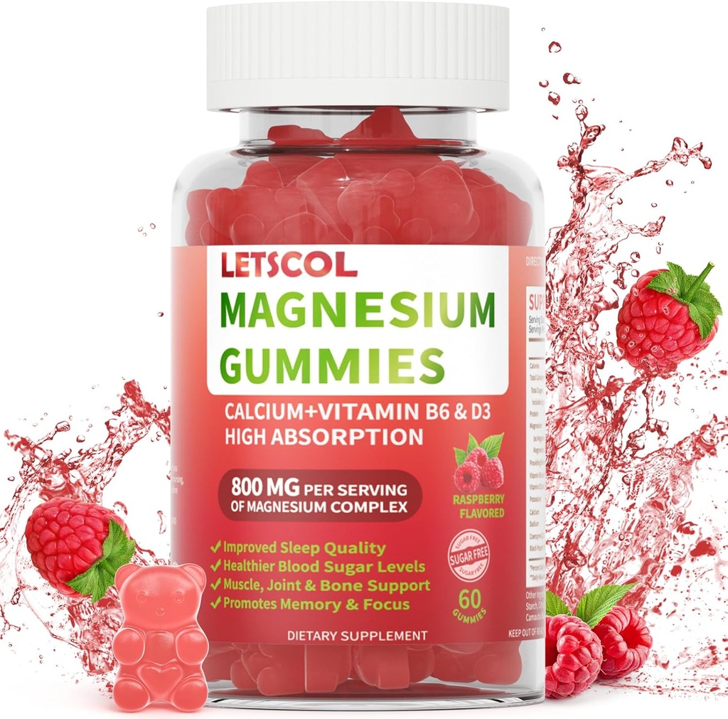 Magnesio Glycinate Gummies 800mg Por Serving, Suplemento de Magnesio Libre de Azúcar con Magnesio Malate, Calcio, Vitamina D3, B6, CoQ10 para el Soporte Calma & Dormir para Adultos Niños