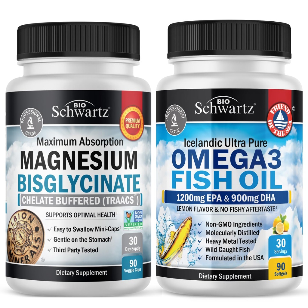 Magnesium Bisglycinate 180 Cuenta + Omega 3 Fish Oil 90 Cuenta Bundle