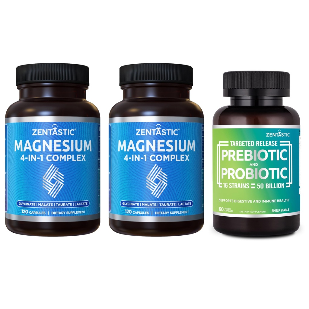 Zentastic 2 Pack 4-in-1 Magnesium Complex - Magnesium Glycinate Chelated, Malate, Taurate & Lactate & 1 Pack Probióticos & Suplementos Prebióticos