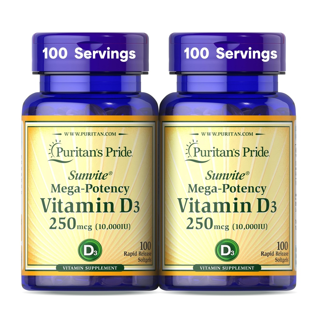 Puritan's Pride Premium Sunvite™ Mega-Potency Vitamin D3 10,000 IU, Dietary Supplement for Healthy Bones, Teeth, and Immune System Support, 100 Rapid Release Softgels