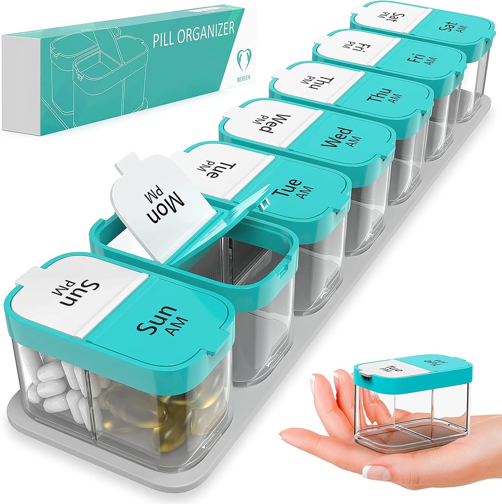 Extra Large Weekly Pill Organizer - XL Vitamin Holder con 7 Compartimientos de PM desmontables - Dispensador de Medicina Portátil para Home and Travel, Gran Contenedor de Suplemento para Uso Semanal o Diario, Mint