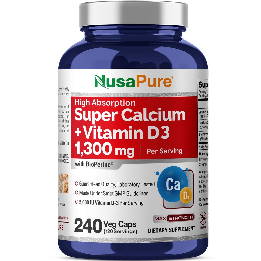 NusaPure Super Calcio 1300mg, Vitamina D3-240 Veggie Caps (No-GMO, Soyfree, Bioperina)