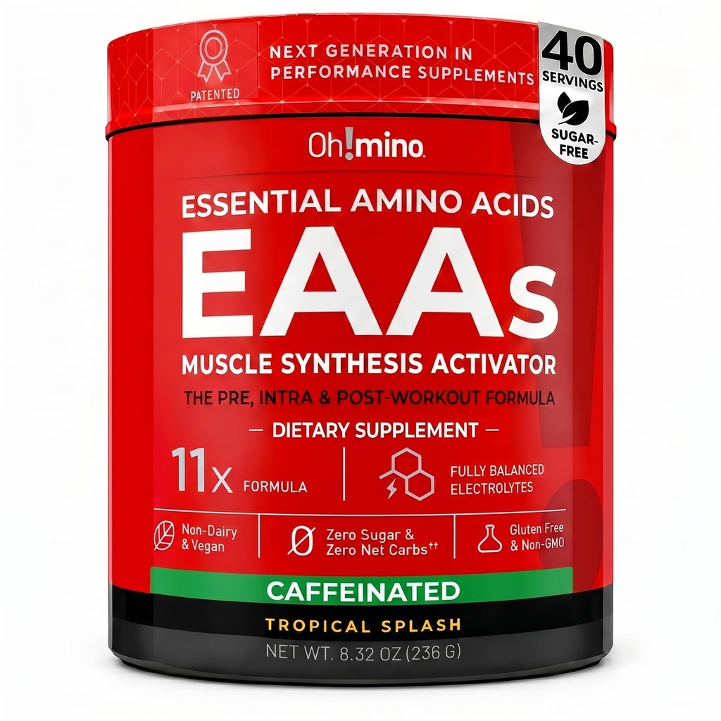 Suplemento de aminoácidos esenciales Oh!mino. Esparcimiento tropical, Polvo cafeinado. Los 9 EAAs, BCAAs y el Amino perfecto para los entrenamientos, Amino Energy, y para construir músculo, y recuperar más rápido.