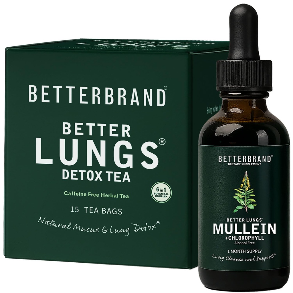 Betterbrand BetterLungs Health Pack - Better Lungs Detox Tea &amp; Mullein Leaf Tincture Drops  (2) Daily Respiratory Wellness