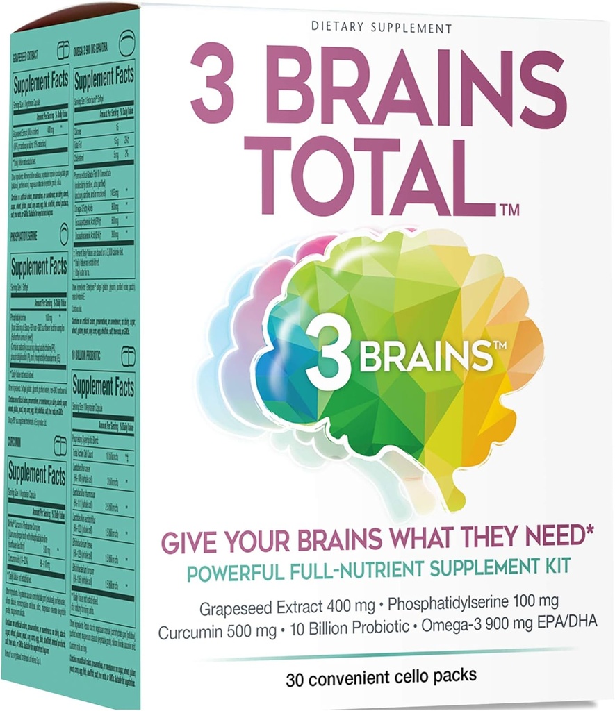 3 Cerebros por Factores Naturales, 3 Kit Total de Cerebros, 30 Paquetes Single-Serve (30 Servimientos)