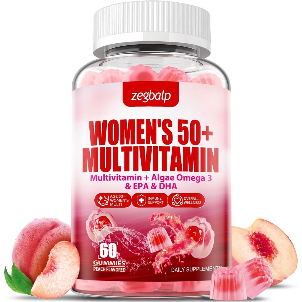 Mujeres libres de azúcar Multivitamina 50 Plus Gummies con Calcio, Magnesio, Zinc, Vitamina A, C, D3, E, K2, Complejo B, Folate, Biotina - Multi vitaminas &amp; minerales para la piel, energía, apoyo inmunológico
