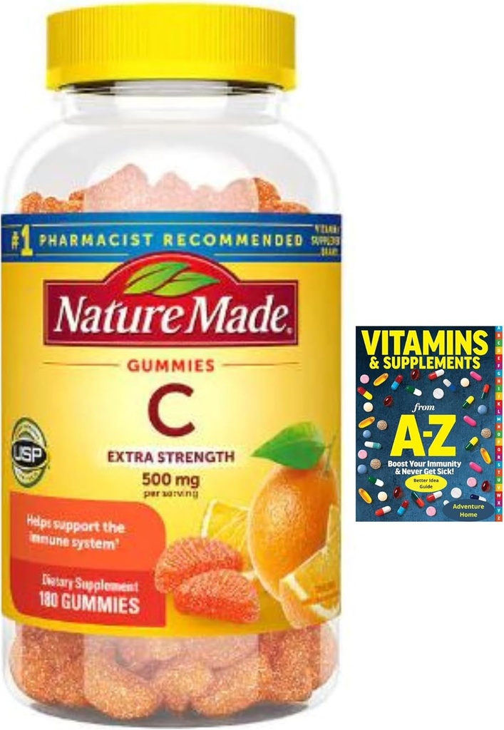 Adventure Home Extra Strength Vitamina C 500 mg,Suplemento Diario para Soporte Inmunitario, 180 Gummies, 90 Day Supply+Mejor Guía Vitaminas Suplementos Libro Libre