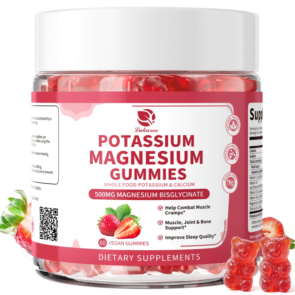 Magnesium Potassium Suplemento Gummies - Nueva Fórmula Calma Magnesium Glycinate Gummies & Potassium Citrate 200 mg Plus Omega 3, B6, D3, K2 &amp; Calcium for Zzz, Leg Cramps & Muscle - 120 Conde