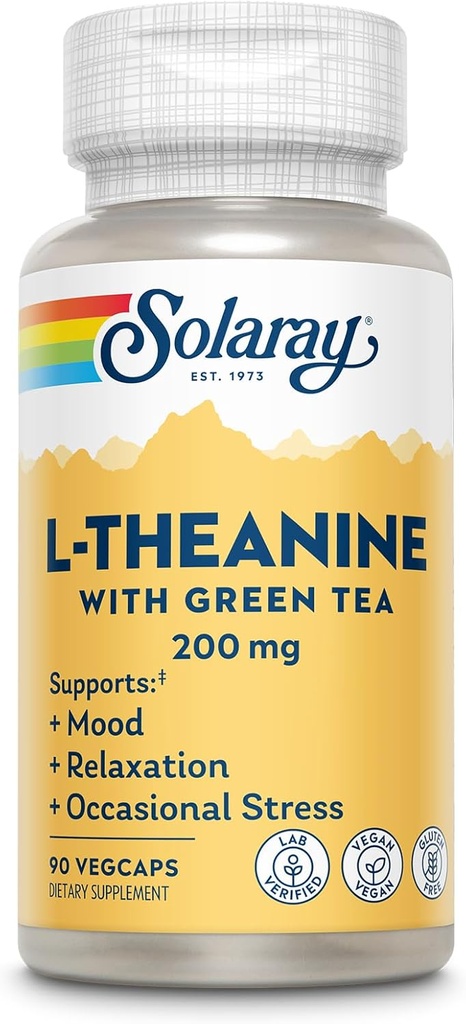 [BRSWIYQOCMHBYFQ7] SOLARAY L-Theanine 200mg con té verde - Modo saludable, relajación y estrés ocasional Apoyo - laboratorio Verificado, Vegan, Gluten Gratis - 90 Servimientos, 90 VegCaps