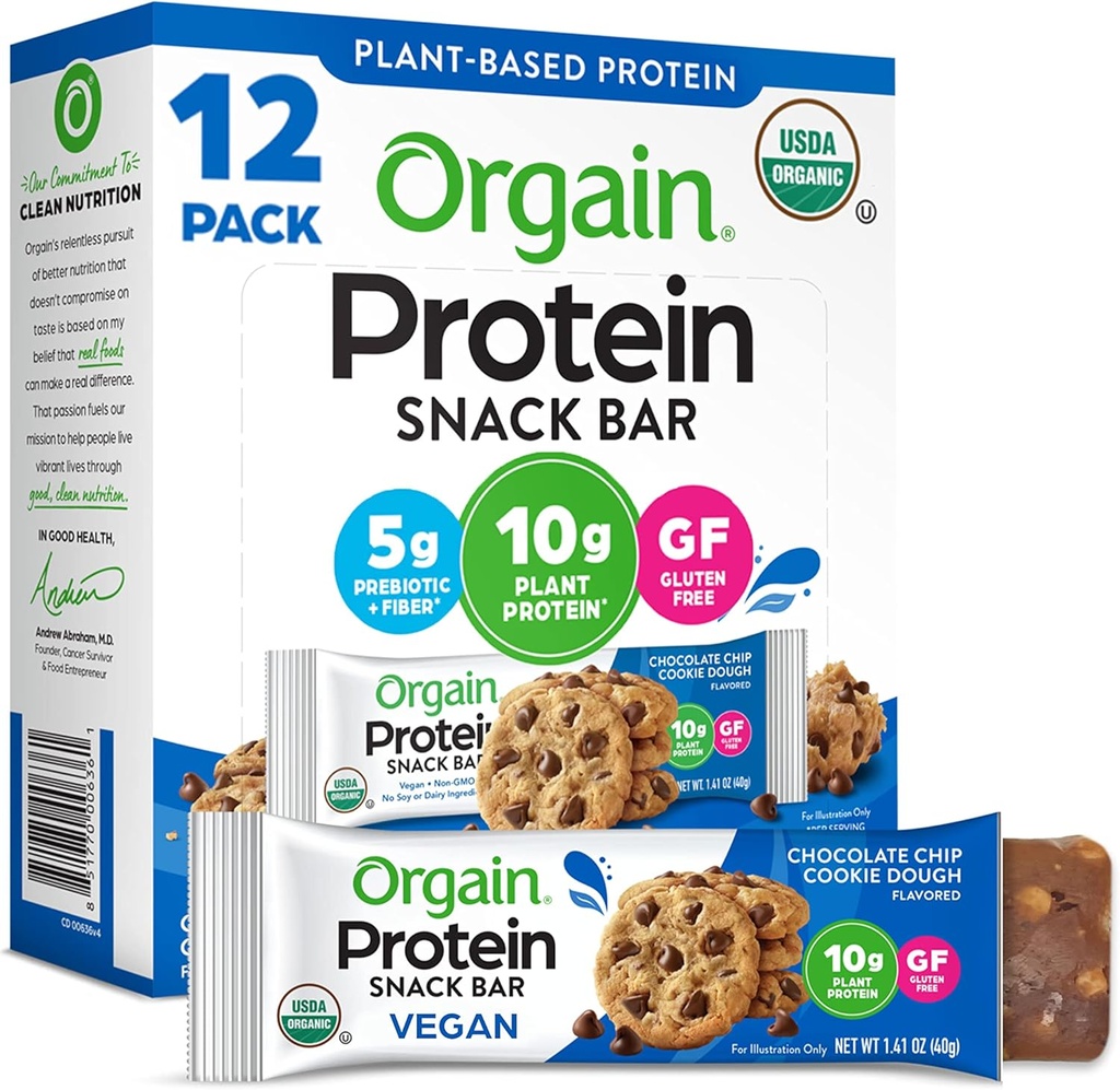 Orgain Orgánico Proteína Vegana Bares, Chocolate Chip Cookie Dough - 10g Plant Based Protein, Low Calorie Healthy Snacks, No Lactose o Soy Ingredients, Gluten Free, Non-GMO - 1.41 Oz (Pack of 12)