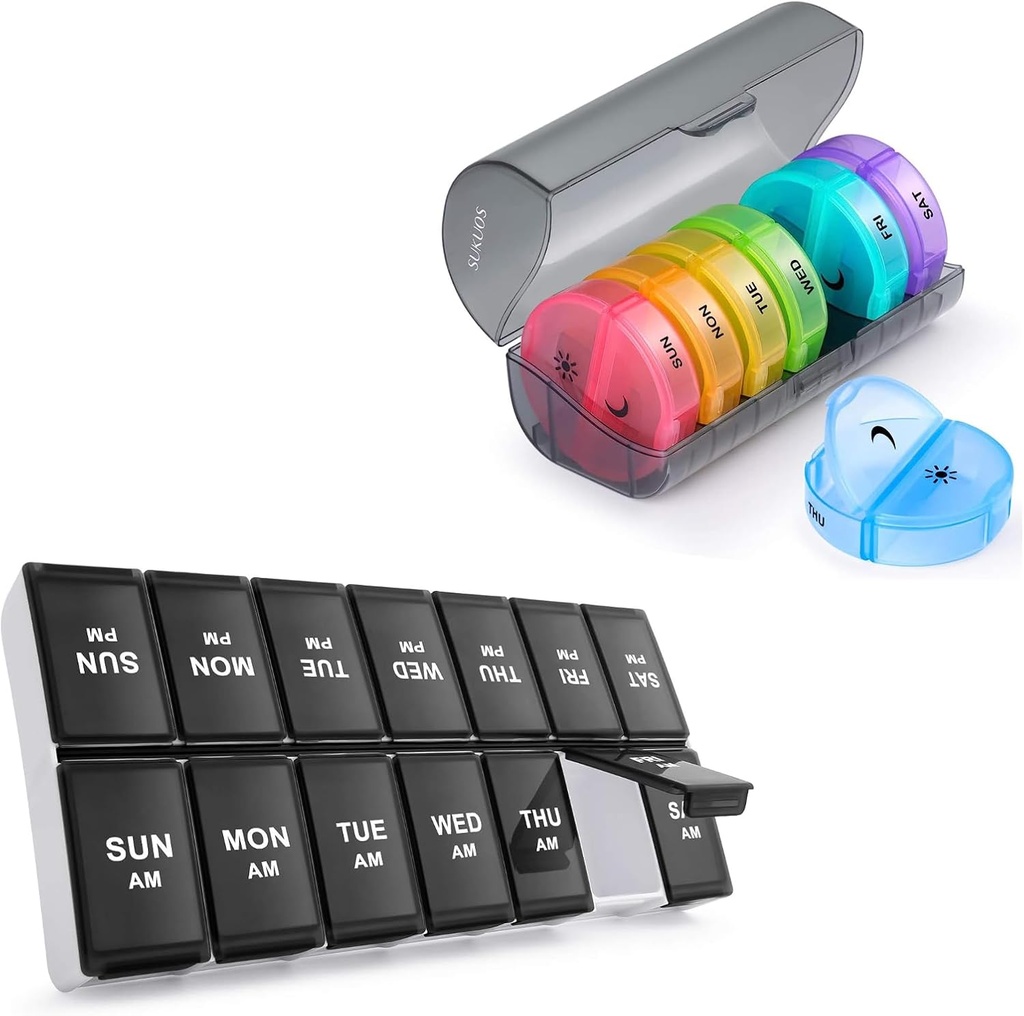 2 Pack organizador semanal de píldoras 7 días 2 veces al día, Sukuos gran caja de píldoras diarias para píldoras/Vitamin/Fish Oil/Supplements, BPA Free Pill Cases, Easy to Clean