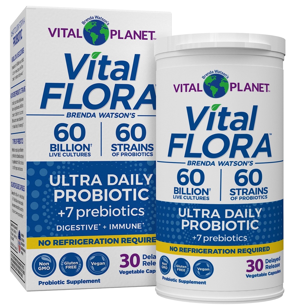 Vital Planet - Vital Flora Ultra Daily Probiotic 60 Billion CFU, 60 Diverse Strains, 7 Prebióticos Orgánicos, Apoyo Inmunitario, Estante de Salud Digestivo Probióticos Estables para Mujeres y Hombres 30 cápsulas
