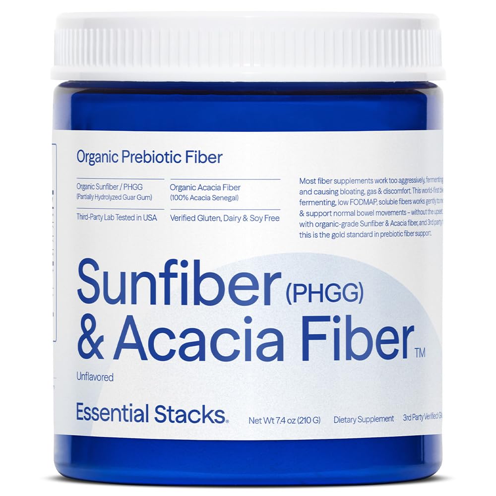Estacas esenciales fibra prebiótica de Sunfiber orgánico (en parte hidrolizado Guar Gum/PHGG) con Acacia Fiber Powder - Gluten Free, Non-GMO & Unflavored Soluble Fiber (7.4 oz)