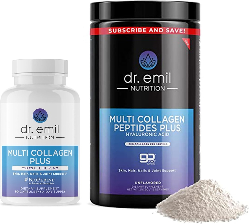 DR. EMIL NUTRITION Completo Multi Collagen Bundle - Doble El Collagen & Doble El pelo, la piel & uñas Ventajas - Collagen Peptide Pills & Collagen Powder Bundle (15 Servings)