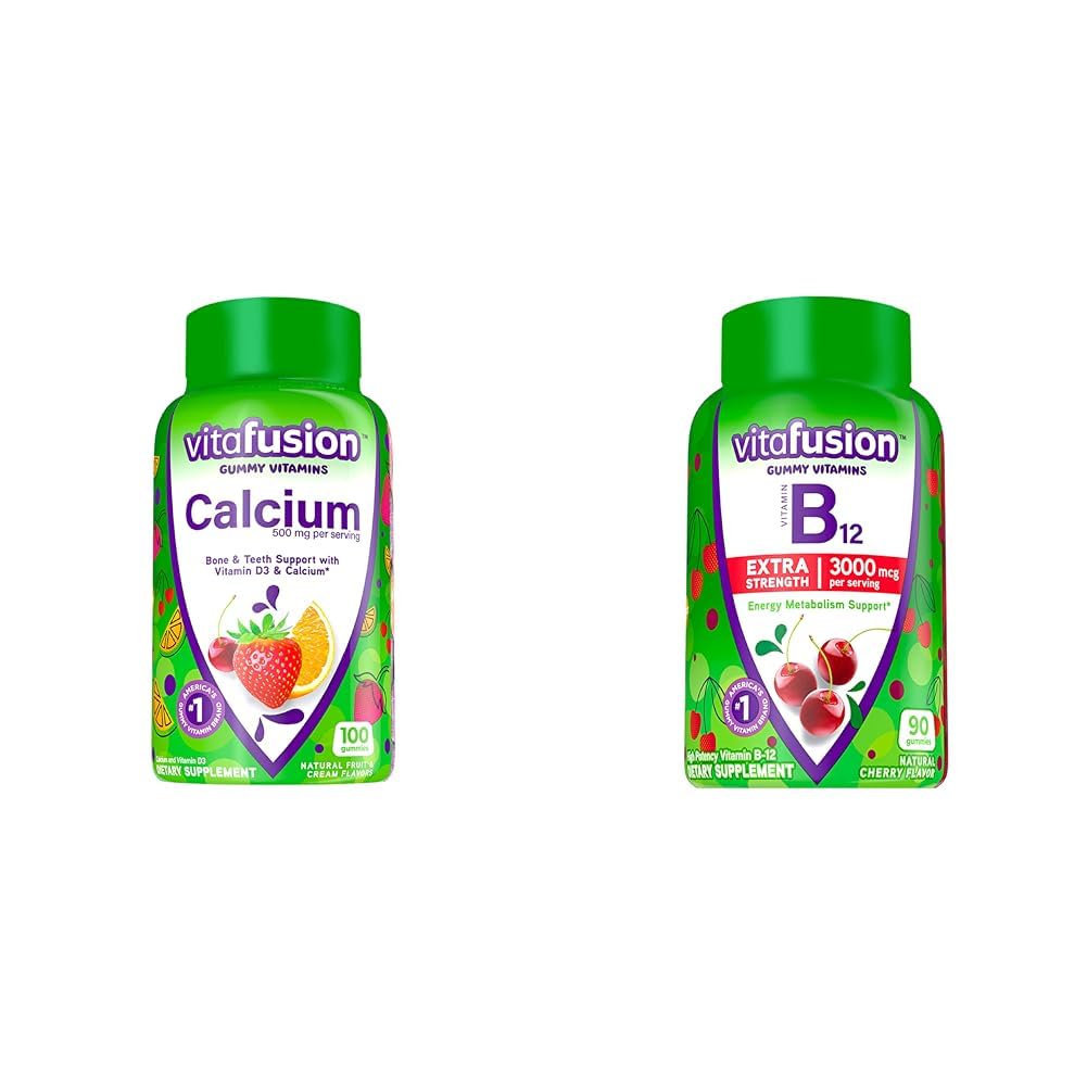 Vitafusion Calcium Chewable Gummy Vitaminas para el soporte de huesos y dientes &amp; Extra Strength Vitamina B12 Gummy Vitaminas para el metabolismo energético Apoyo y Nervous System Health Support