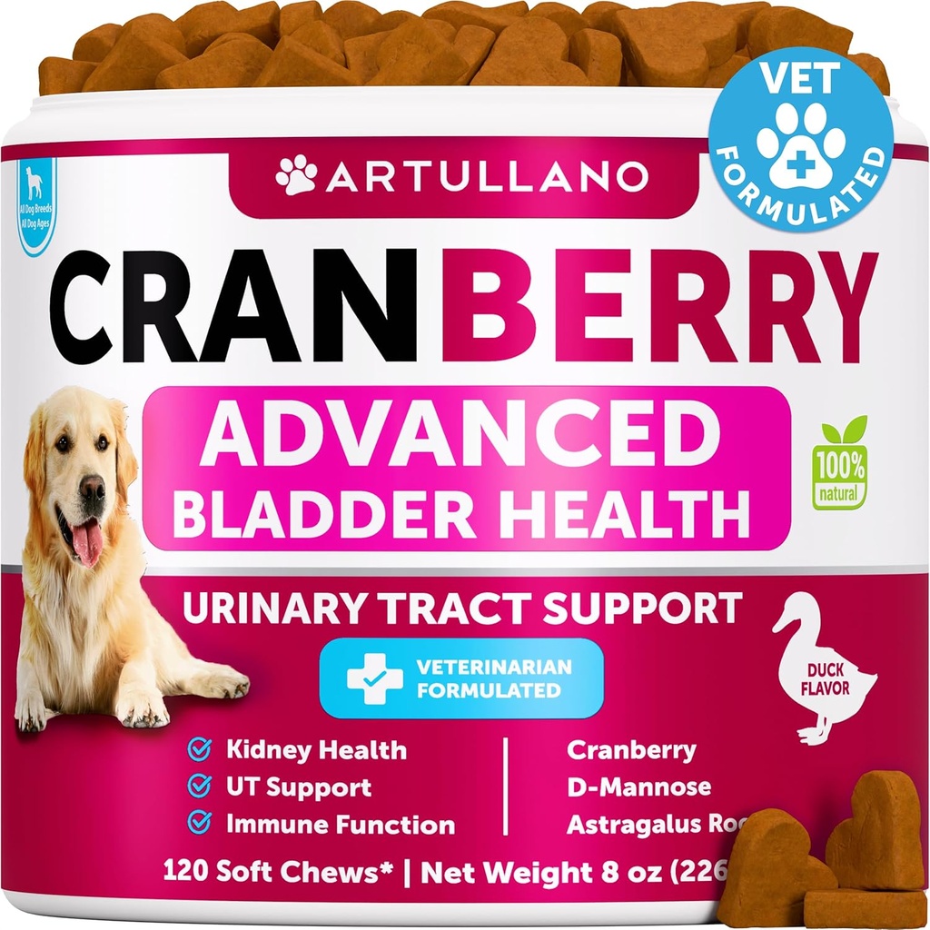 Tratamiento de la UTI de perros - Suplemento de arándano &amp; Control de vejiga para perros - Incontinencia de la tracto urinaria Pill, Piedras de la vejiga - Tratamientos de la medicina UTI - 120 Chews blandos para el soporte del riñón con aceite de pescado