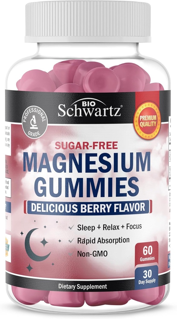 BioSchwartz Gummies de Magnesio Libre de Azúcar (30 Servings) Magnesio Saborado de Berry Suplemento de Citratos Apoyos Mood de calma energética sano Nerves y sueño (Vegan Safe, Non GMO, 60 Gummies)