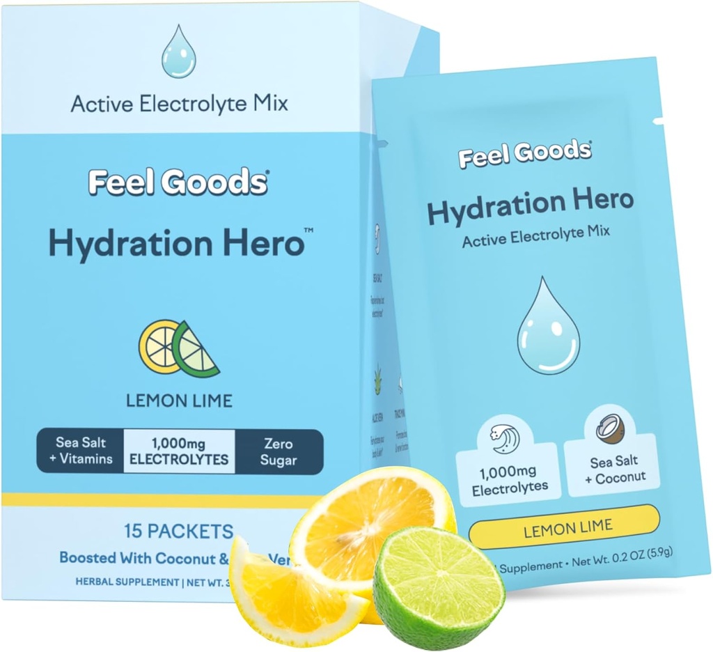 Siente los bienes Hidratación Héroe, 1000 mg Electrolitos Polvo, Sugar Gratis, Magnesio, Aloe Ecológico Vera, L Theanine, Vitamin C & B12, Non GMO, Keto, Vegan, Packets Electrolyte ¦ Lime Lemon, 15 Conde