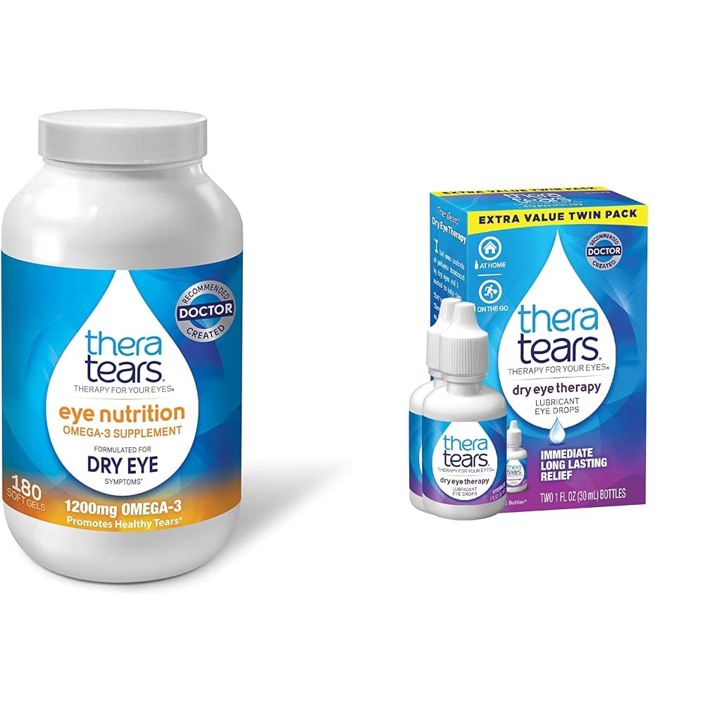 TheraTears 1200mg Omega 3 Suplemento para la Nutrición Ocular, Orgánica Triglicérida Pez Aceite y Vitamina E, 180 Conde " Terapia Ojo seco Gotas Oculares Lubricantes para Ojos Secos, 1 fl oz Bottle Twin Pack