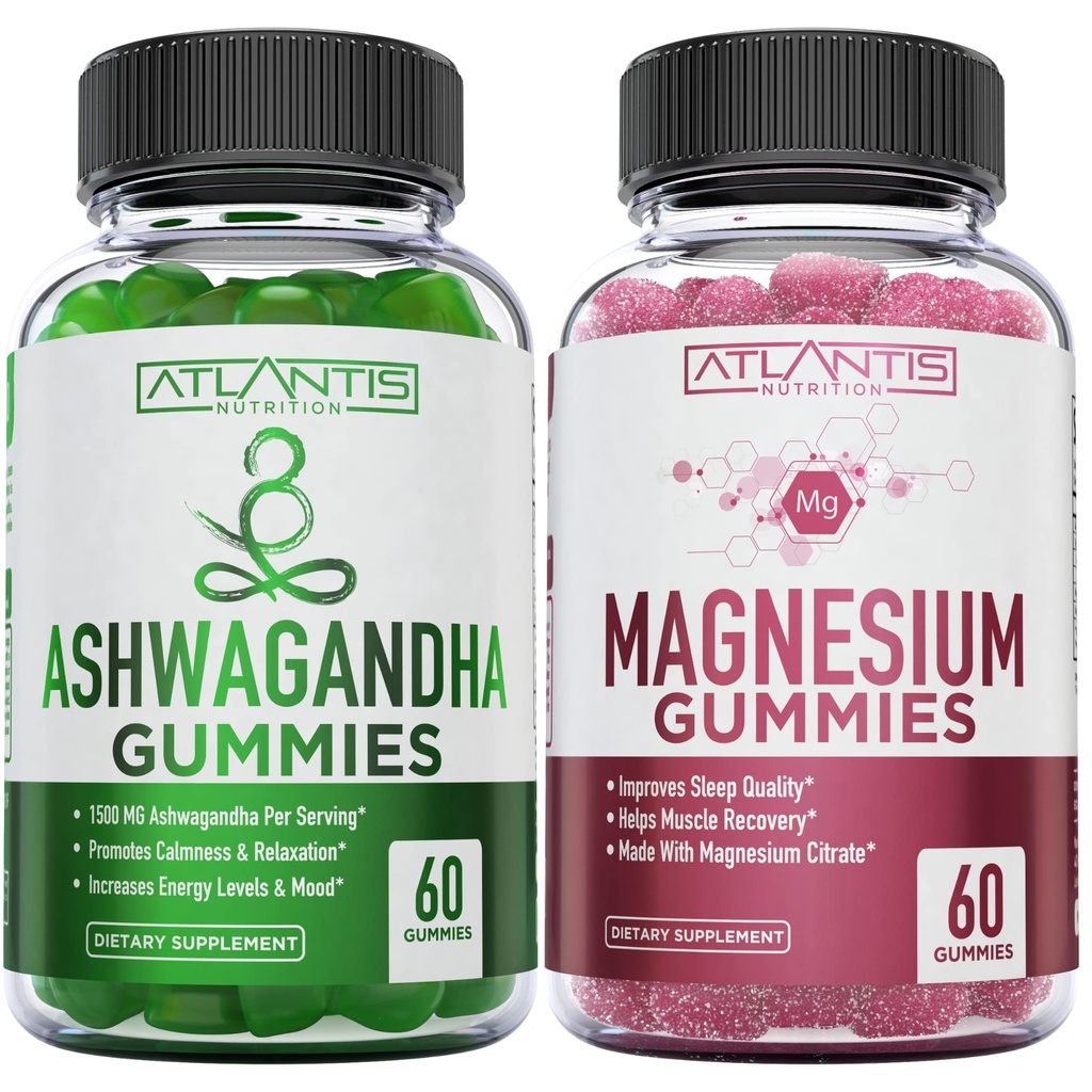 Ashwagandha &amp; Magnesium Gummies for Improved Sleep & Strengtheninged Body Functions. Ashwagandha Boosts Mood & Energy - Magnesium Ayuda a recuperar músculos ' Alivia los calambres - Vegan