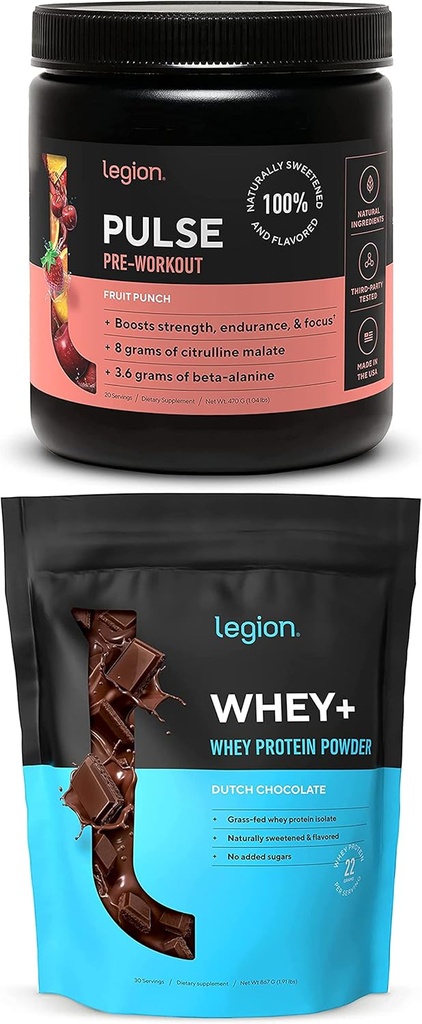 LEGION Pulse Pre Workout Suplemento (Fruit Punch) Whey Protein Powder Chocolate - Whey+ Isolate Protein Powder
