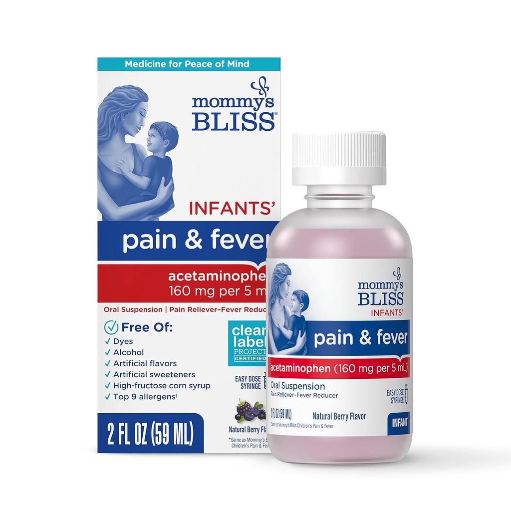 Mami's Bliss Infant' Pain and Fever Reducer, Baby Acetaminophen, Dye Free, Delicious Mixed Berry Flavor, Ages 2+, 2 Fluid Ounces