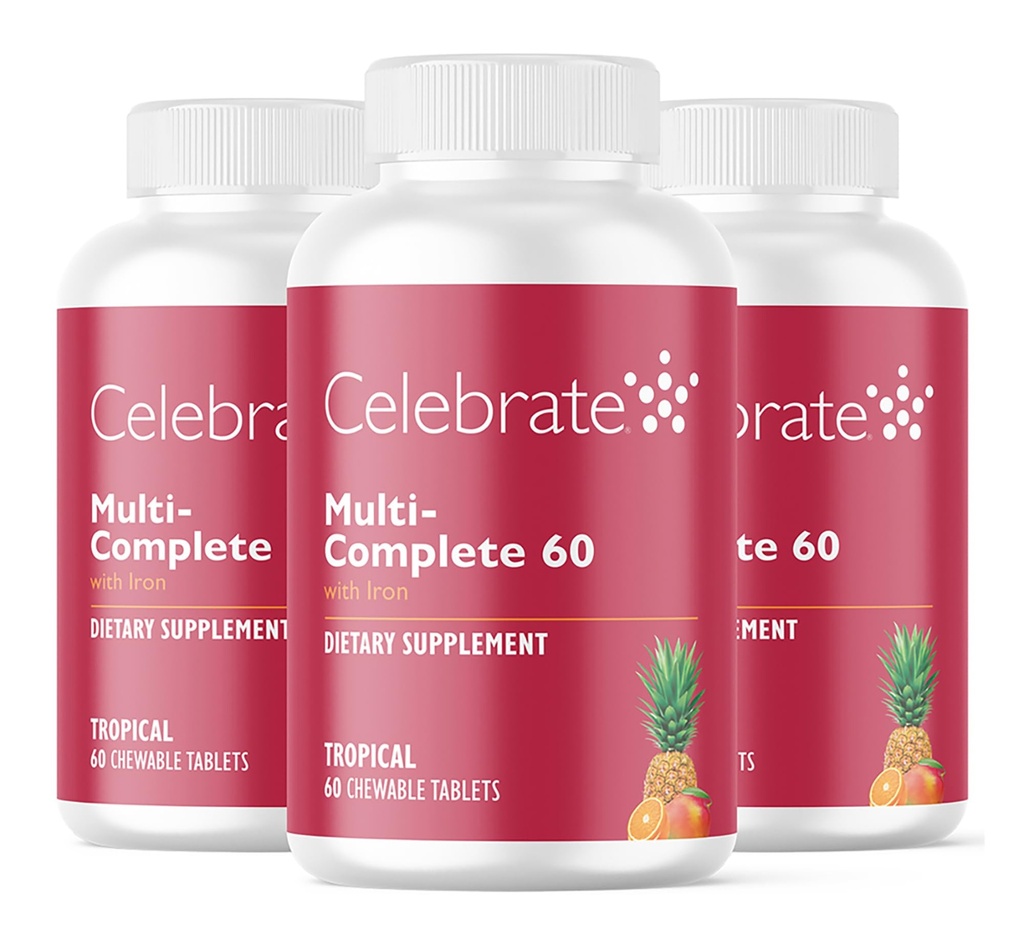 Celebrar Vitaminas Multi-Completa Chewables, 60mg Hierro – Multivitaminas Bariatrices diarias para la Gastrectomía del Sleeve y Cirugía de Bypass Gástricos Pacientes – Vitaminas Esenciales & Minerales - Tropical (180 Tabletas)