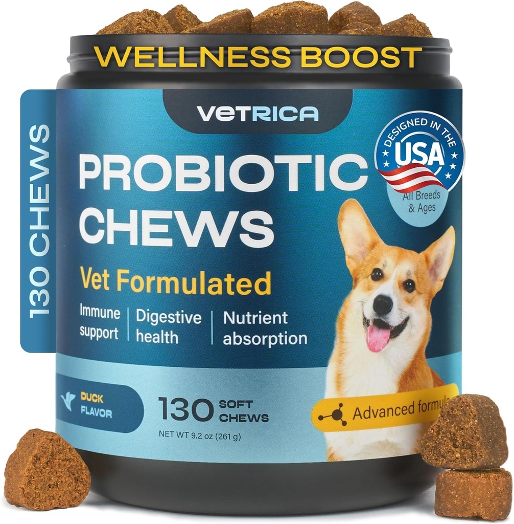 Probióticos para perros - Mandíbulas Probióticas para la Salud Digestiva y Gut, Dental, Apoyo al Sistema Inmunitario - Trucos Prebióticos Chewable - Yam Salvaje, Polvo de Levadura - Diarrea y Tazón