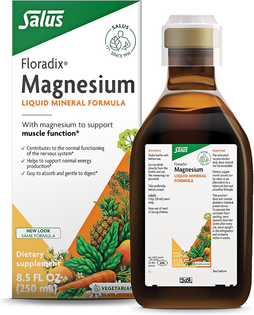 Floradix Magnesium - Hierba Líquida & Suplemento Mineral para el Soporte de Huesos, Salud Digestiva* & Más - Vegetariano, No GMO - 8,5 fl oz