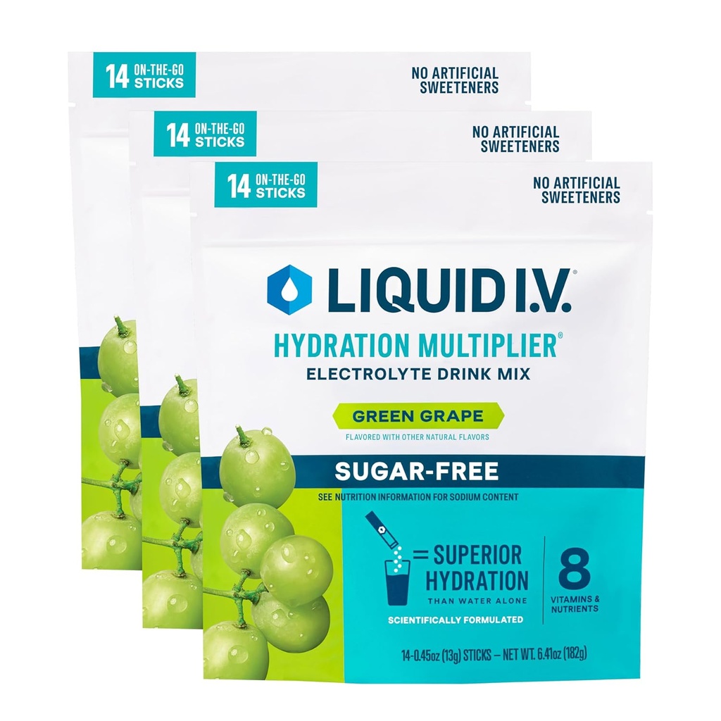 Multiplicador de hidratación I.V.® líquido Libre de azúcar - Green Grape ← Electrolyte Powder Drink Mix ← 3 Pack (42 Servings)