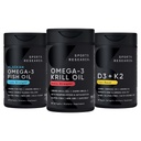 Sports Research Antarctic Krill Oil Omega 3 1000mg (Doble Strength) con fosfolípidos, Choline " Astaxanthin, Triple Strength Omega 3 Fish Oil Single-Source Wild Alaska Pollock 1250mg, Vitamina D3 K2