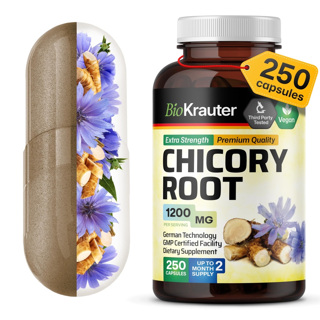 BIO KRAUTER® Chicory Root for Gut & Digestive Support - Pure Vegan Prebiotics & Fiber Supplement in Capsules 1200 mg per Serving 250 Count - No Fillers, Non-GMO - 62 Days of Supply