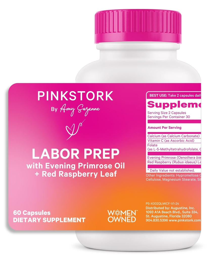 Pink Stork Labor Prep Supplement, 60 Vegan Capsules | Evening Primrose Oil & Red Raspberry Leaf, Third Trimester Support, Gentle Labor & Postpartum Support